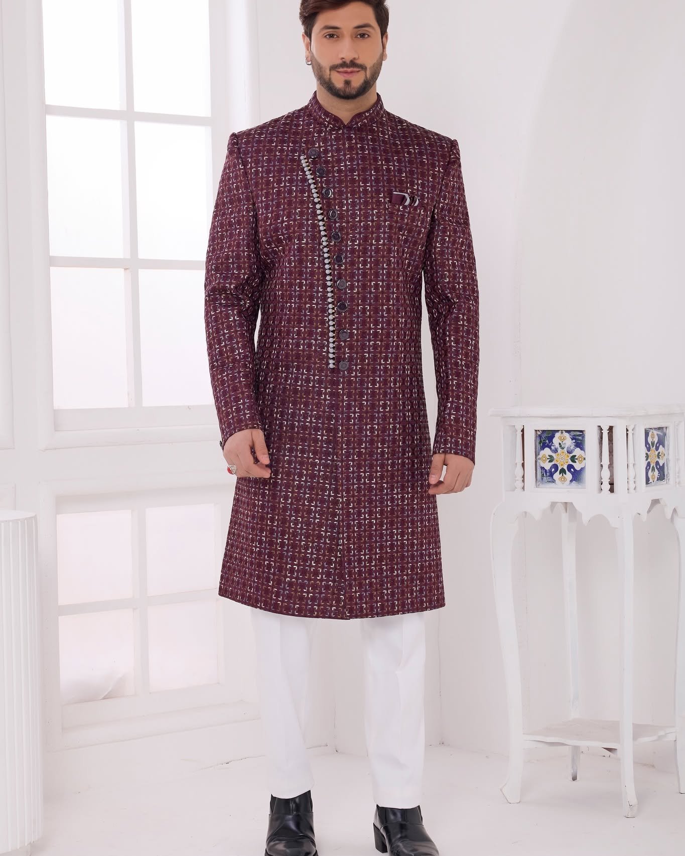 Elevate your ethnic style with our Designer Wine Indo-Western Jacket Set